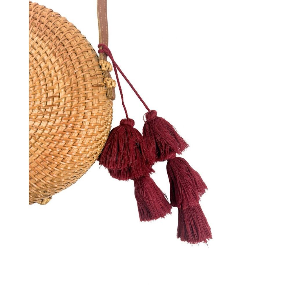 Round Rattan Wicker Crossbody Bag Boho Straw Purse Burgundy Tassels - Picture 2 of 7